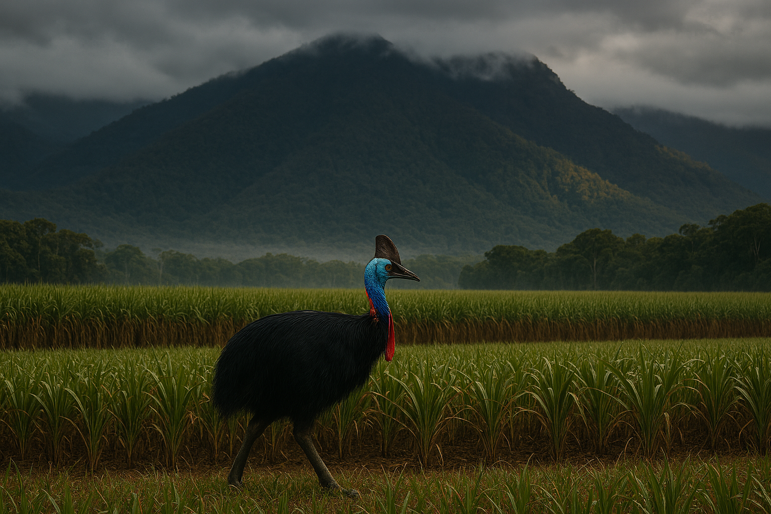 Southern Cassowary in a sugar cane field near Freshwater, Cairns — Far North Queensland landscape